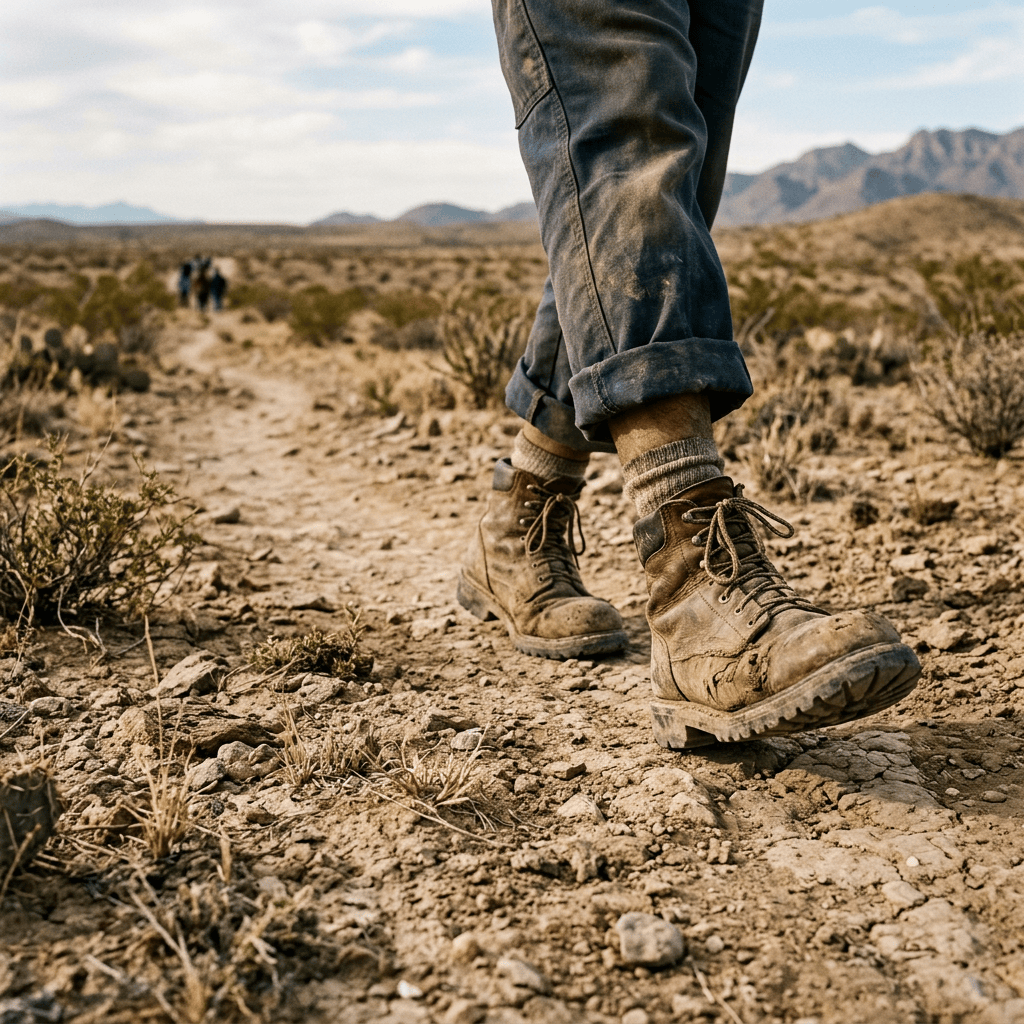 Hiker in boots walking along a rocky desert trail